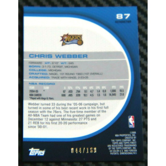 Chris Webber Basketball 2005-06 Season Sports Trading Cards  2005-06 TOPPS FINEST CHRIS WEBBER‎ RED REFRACTOR #D 44/169